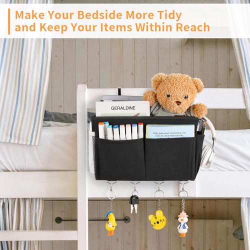 Bedside Caddy Organizer 5 Pockets and 4 Hooks for Bunk Bed Black