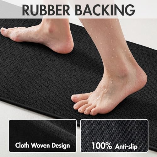 Set of 2 U Shaped Toilet Bathroom Rug and Mat Black 17"x27"+20"x24"