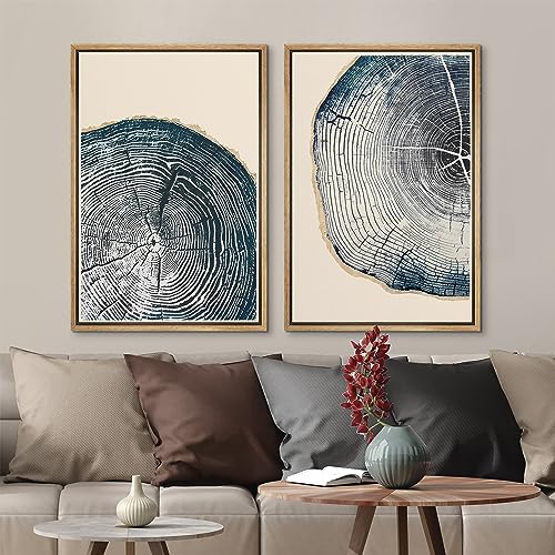 Framed Canvas Print Wall Art Navy Blue Wood Tree Ring Nature Illustration Modern Art Decorative Multicolor Geometric Minimal for Bedroom