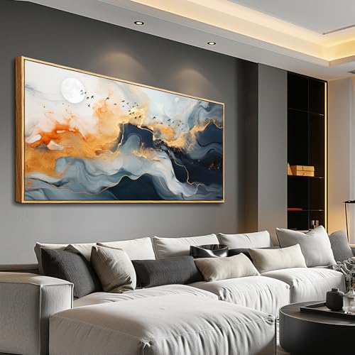 Framed Wall Art Abstract Large Canvas Picture Marble Fluid Art with Gold Foil Moon & Bird Design Home Decor for Living Room Bedroom Hotel Office Wall Decorative Artwork Ready to Hang 24x48