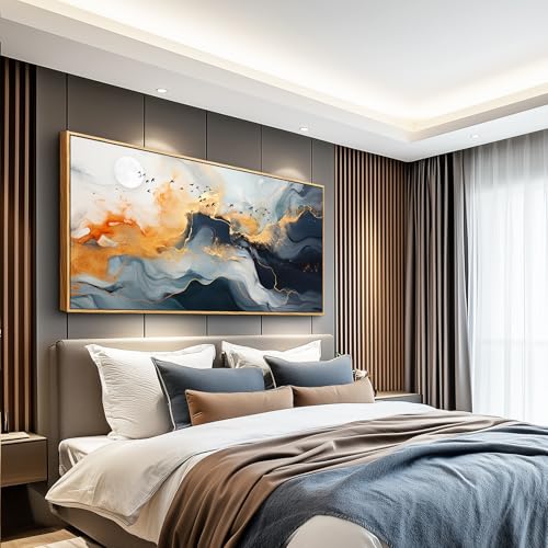 Framed Wall Art Abstract Large Canvas Picture Marble Fluid Art with Gold Foil Moon & Bird Design Home Decor for Living Room Bedroom Hotel Office Wall Decorative Artwork Ready to Hang 24x48
