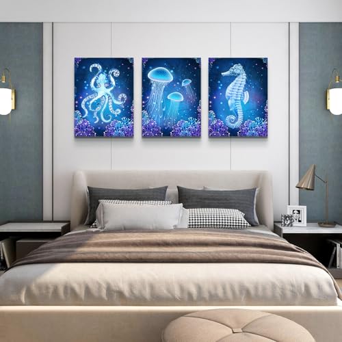 Wall Art Paintings For Bedroom Living Room Wall Decor Blue Ocean Life Theme Art Prints Wall Artworks Sea Animal Sea Horse Octopus Jellyfish Pictures Bathroom Home Decor Posters 3 Panels (3 Count)