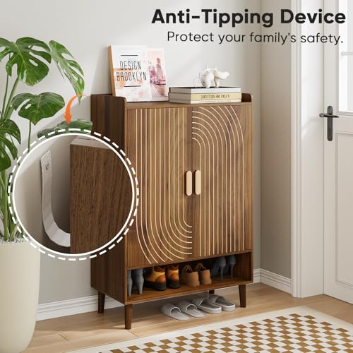 Walnut Shoe Cabinet with Line Groove Design