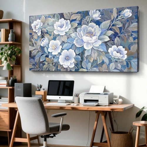 Extra Large Blue White And Gray Plant Canvas Wall Art; Modern Abstract Flower Print Picture For Living Rooms
