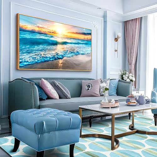 Large Canvas Wall Art For Living Room Wood Framed Wall Decor For Bedroom Blue Beach Seascape Wall Paintings Modern Office Decorations Home Decor Poster Artwork Ready to Hang Wall Pictures