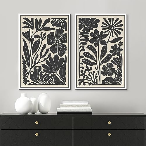 Framed Canvas Wall Art Abstract Floral Botanical Prints Minimalist Modern Art Boho Wall Decor for Bedroom (2 Count)