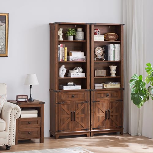 72in Tall Bookshelf 7 Tier Bookcase with Drawer and Barn Doors and Adjustable Shelves