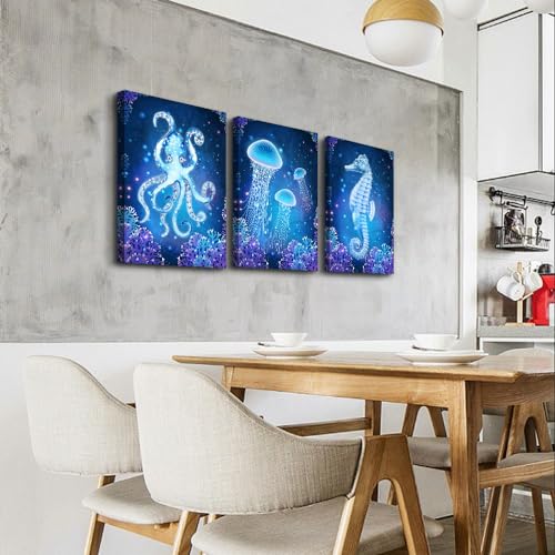Wall Art Paintings For Bedroom Living Room Wall Decor Blue Ocean Life Theme Art Prints Wall Artworks Sea Animal Sea Horse Octopus Jellyfish Pictures Bathroom Home Decor Posters 3 Panels (3 Count)