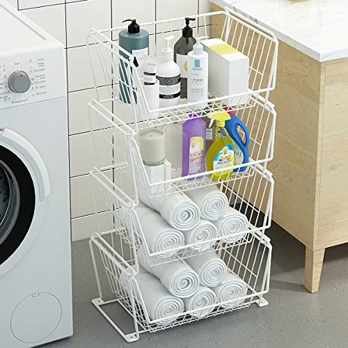 4 Tier Large Stackable Wire Storage Baskets with Wheels