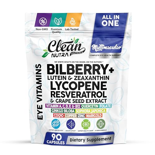 Clean Nutra Multimacular Bilberry+ Lutein Zeaxanthin Lycopene Resveratrol with Flax Seed Grape Japanese Knotweed Ginkgo Biloba Sophora Japonica Coenzyme Copper Zinc Marigold Black Pepper 90 Capsules (90 Count)
