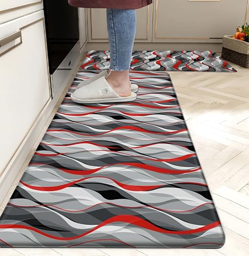Kitchen Mats for Floor Modern Abstract kitchen rugs Grey and Red Stripe Anti Fatigue Kitchen Mats Waterproof Floor Mats Cushioned Non