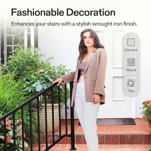 5 Step Railing 69"x36" Wrought Iron with Curved & Balusters Black