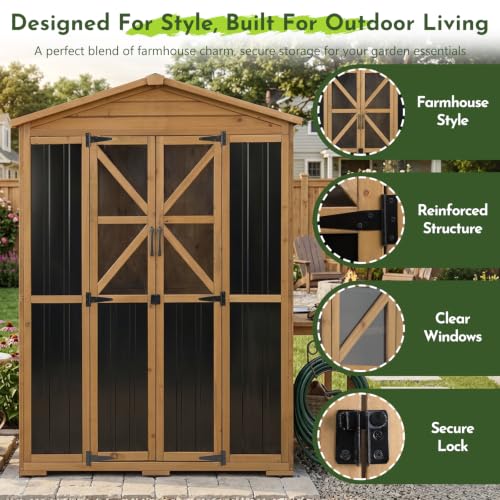 Outdoor Wooden Storage Shed Cabinet with 6 Adjustable Shelves