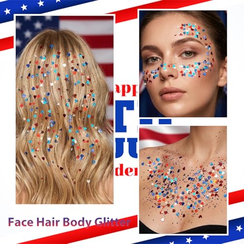 Red White and Blue Face Hair Body Glitter Stick with Heart & Star Sequins