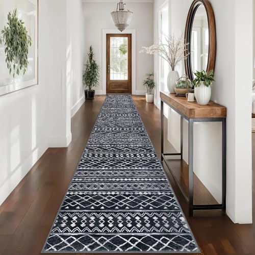 Long Hallway Runner Rug 2.6x16 Washable Moroccan Vintage Black Boho
