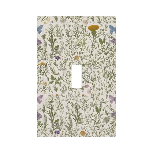 Floral Vintage Garden Plants Herbs Flowers Botanical Single Toggle Light Switch Covers Decorative Mustard Green 1 Gang Wall Plate Electrical Dimmer Switchplate Faceplate for Country Home Decor