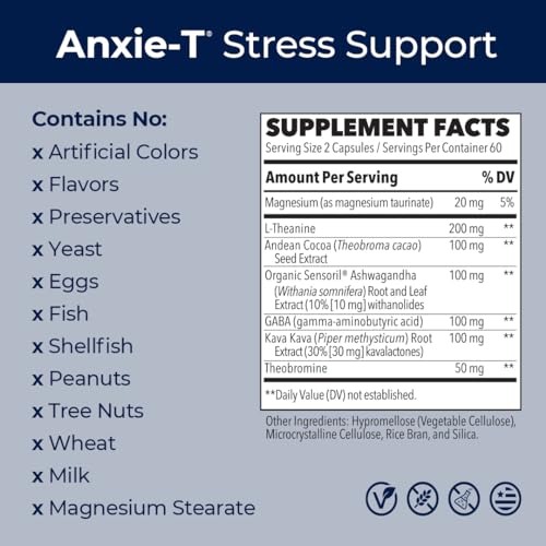 Anxie-T - Stress Relief Supplement - Supports Mood & Mental Focus - Feel Calm and Relaxed - Eases Tension & Nervousness - Ashwagandha, Kava Kava, GABA & L-Theanine - 120 Capsules (120 Count)