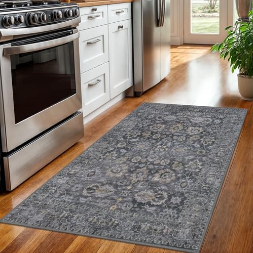 Washable Area Rug 3x5 Grey Vintage Floral