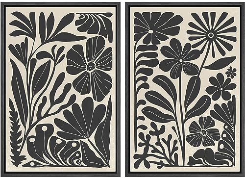 Framed Canvas Wall Art Abstract Floral Botanical Prints Minimalist Modern Art Boho Wall Decor for Bedroom (2 Count)