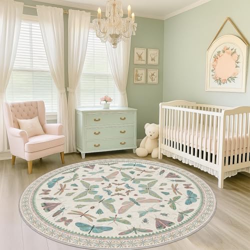 Green and Blue Insect 6ft Round Soft Rugs for Nursery (36 Sq Ft)