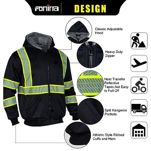 Men's High Visibility Safety ANSI Class 3 Lined Fleece Hoodie Sweatshirt with Black Bottom Jumper Workwear for Men