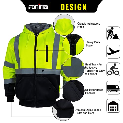 Men's High Visibility Safety ANSI Class 3 Lined Fleece Hoodie Sweatshirt with Black Bottom Jumper Workwear for Men