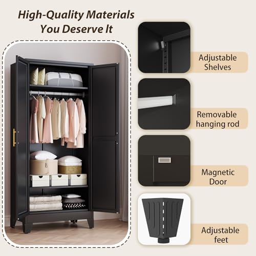 Metal Wardrobe Storage Cabinet with Mirror and Hanging Rod