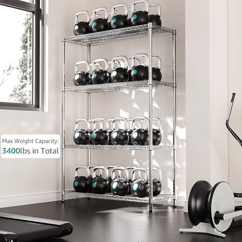 3400 LBS Garage Shelving Wide Storage Shelves 4 Tier Metal Shelves Heavy Duty Adjustable Utility Shelf Rack Chrome 17.7" D x 59.1" W x 70.4" H (4 Count)