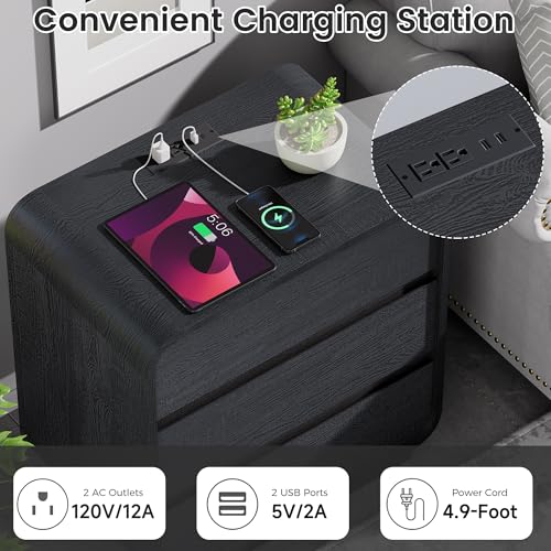 Black Curved Night Stand Set of 2 with Charging Station (2 Count)