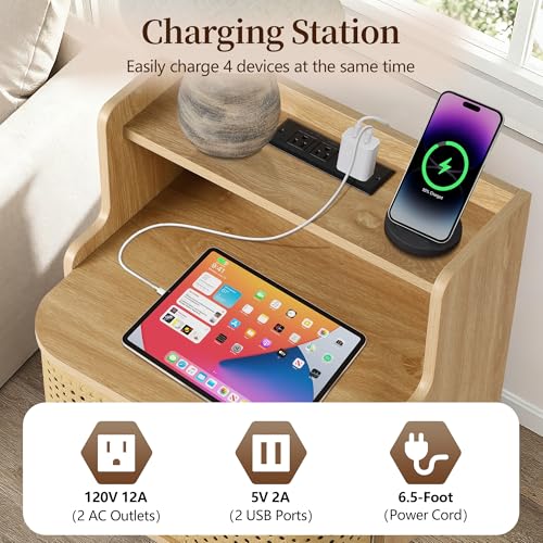 Metal Rattan End Table with Charging Station