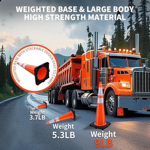 8 Pack 36 Inch Large Traffic Cones with Wide Weighted Base
