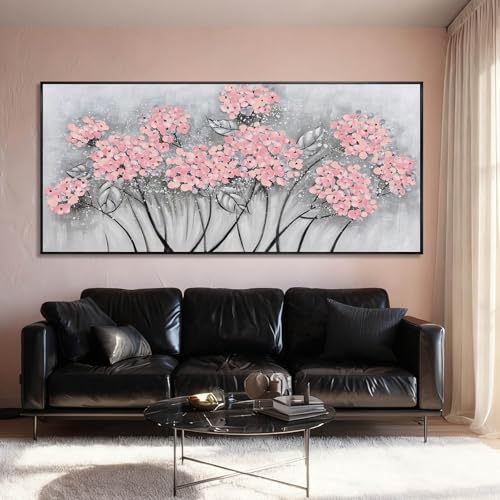 Flower Wall Art Pink Wood Wall Decor Botanical Oil Painting 32"x70" Large Artwork for Bedroom Canvas Paintings for Office
