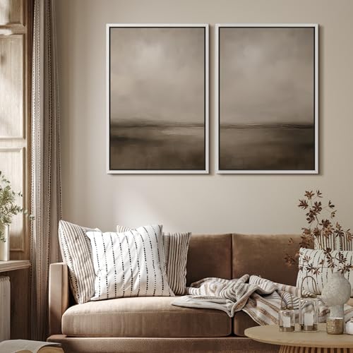 Framed Canvas Print Wall Art Abstract Brown and Taupe Modern Minimalist Misty Landscape Illustrations Modern Art Decorative Bohemian for Living Room