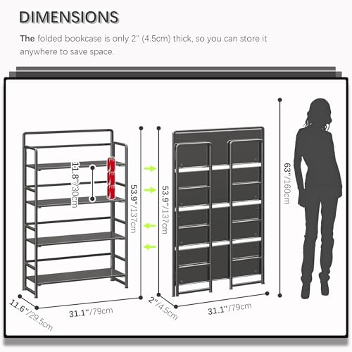 No Assembly Extra Wide 4 Tiers Folding Bookshelf Storage Shelves Vintage Bookcase Standing Racks Study Organizer Home Office