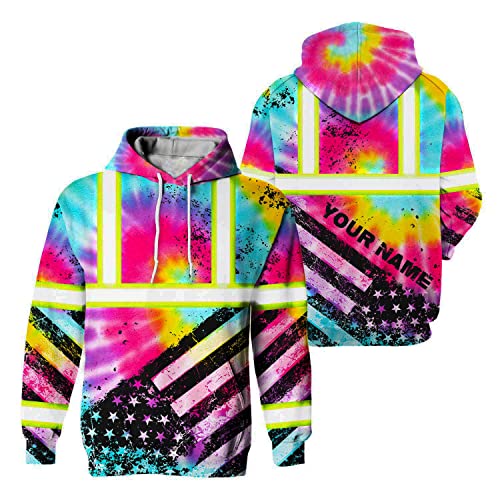 Tie Dye USA Flag New Hoodie Class 3 US Flag High Visibility Reflective Workwear Hoodie