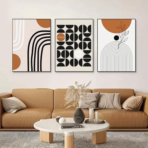 3Pcs Black Brown Boho Abstract Geometric Line Framed Canvas Wall Art (3 Count)