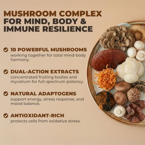 Vital 10-in-1 Mushroom Supplement Complex, Lion's Mane, Cordyceps & Reishi (60 Count)