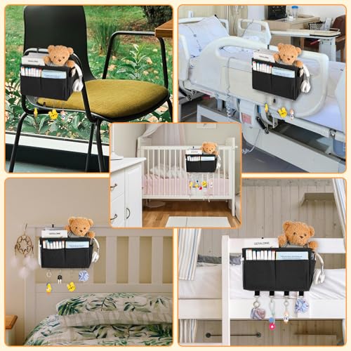 Bedside Caddy Organizer 5 Pockets and 4 Hooks for Bunk Bed Black