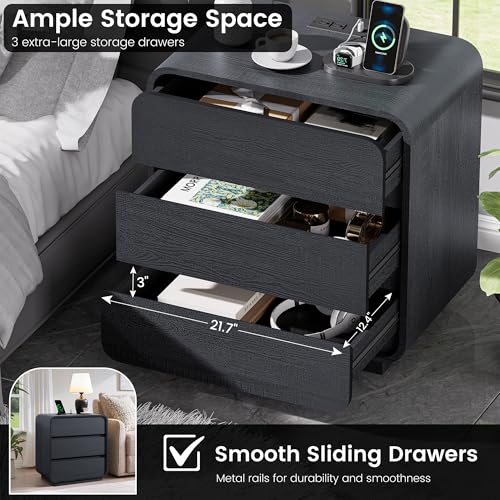 Black Curved Night Stand Set of 2 with Charging Station (2 Count)