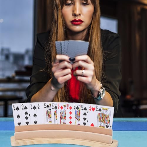 Curved Wooden Playing Card Holder Card Tray Display Rack for Games Double Row Base Stand 13.97 in Keeps Hands Free for Easy Play