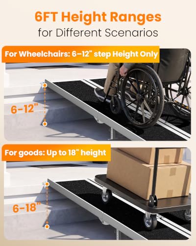 6FT Aluminum Ramp for Wheelchair for Home Steps with Support Legs