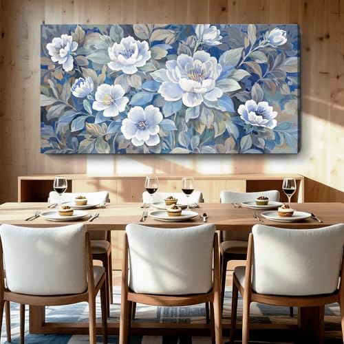 Extra Large Blue White And Gray Plant Canvas Wall Art; Modern Abstract Flower Print Picture For Living Rooms