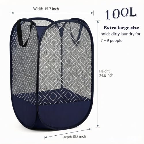 100L Extra Large Mesh Pop Up Laundry Hamper 2 Pack. Blue Travel Basket (2 Count)