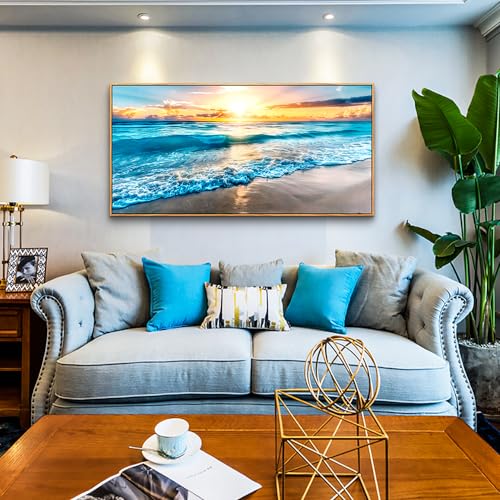 Large Canvas Wall Art For Living Room Wood Framed Wall Decor For Bedroom Blue Beach Seascape Wall Paintings Modern Office Decorations Home Decor Poster Artwork Ready to Hang Wall Pictures