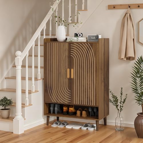 Walnut Shoe Cabinet with Line Groove Design