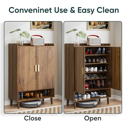 Walnut Shoe Cabinet with Line Groove Design