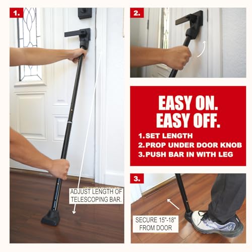 3-in-1 Door Security Bar, Security Door Stoppers & Door Barricade – Heavy Duty Adjustable Iron Security Lock Bar for Home Defense, Apartment & Travel Safety (1 Pack - Black)