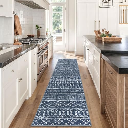 Boho Runners for Hallways 2x8 Navy Blue Washable Runner Rug