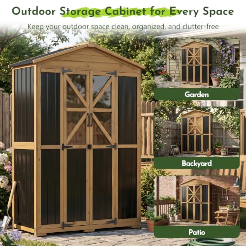 Outdoor Wooden Storage Shed Cabinet with 6 Adjustable Shelves