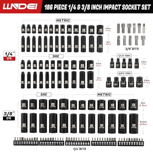 1/4 & 3/8" Drive Impact Socket Set 186Pcs SAE/Metric (186 Count)